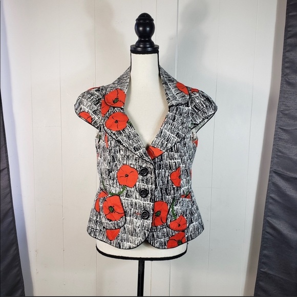 Anthropologie Jackets & Blazers - ELEVENSES Black White Red Peony Short Sleeve Floral Blazer Size 12
